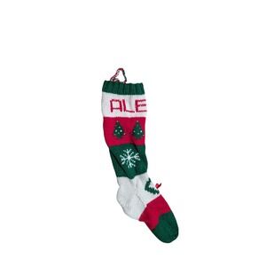 Vintage Hand Knit Christmas Stocking Red Green White Sequin Beaded Holiday Alex